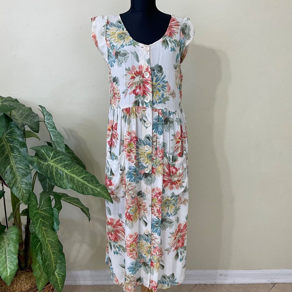 Vintage 1990s Jasmine Maxi Dress By KVM Womens size M Floral flutter cap sleeves